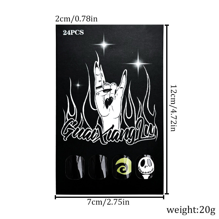 Halloween Corto Luminoso Quadrato Armatura Carino Teschio Cucciolo Cattivo Nail Art 2024 Nuovo Commercio Estero 24 Pezzi_voghion.com