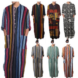 New Robe Male Men's Robe Cross-border Spring & Fall Middle East Robe Long-sleeved Ethnic Style Stripesd Printed One-piece