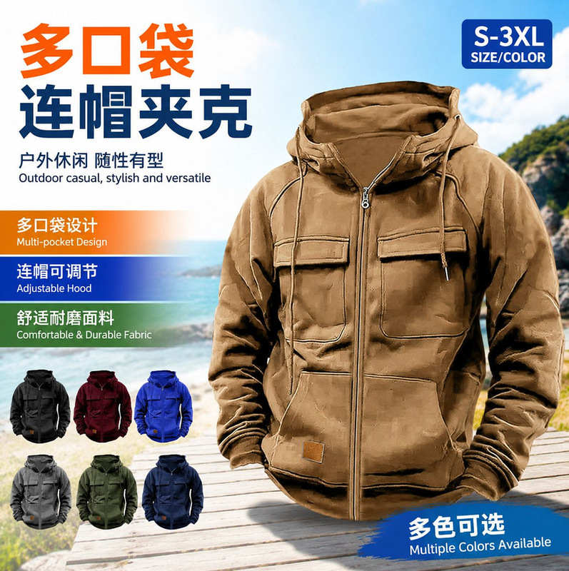 New Spring and Autumn Men's Hooded Solid Color Sweatshirt, European and American Youth Sports Multi-Pocket Patchwork Sweatshirt Jacket for Men