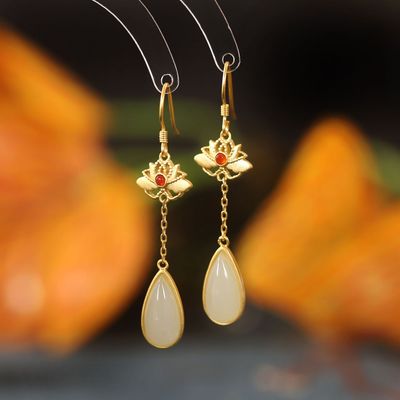  s925 pure silver inlay hetian jade water droplets ear hook ancient gold long red agate with earrings dust is dye-in-the-wood