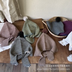 复古条纹帽子围巾一体针织包头帽批发秋冬男女童户外保暖护颈帽子
