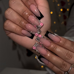 辣妹穿戴甲24片花朵水鑽手工美甲貼片成品可拆卸中東跨境假指甲片