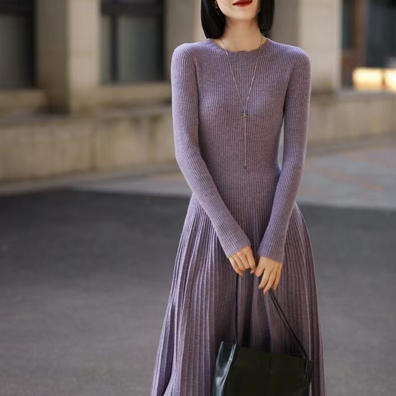 Gentle Round-Neck Long-Sleeved 100% Pure Wool Knitted Dress for Women, Long Style with Solid Color Sweater Underneath, Fashionable Long Dress Gentle Round-Neck Long-Sleeved 100% Pure Wool Knitted Dress for Women, Long Style with Solid Color Sweater Underneath, Fashionable Long Dress