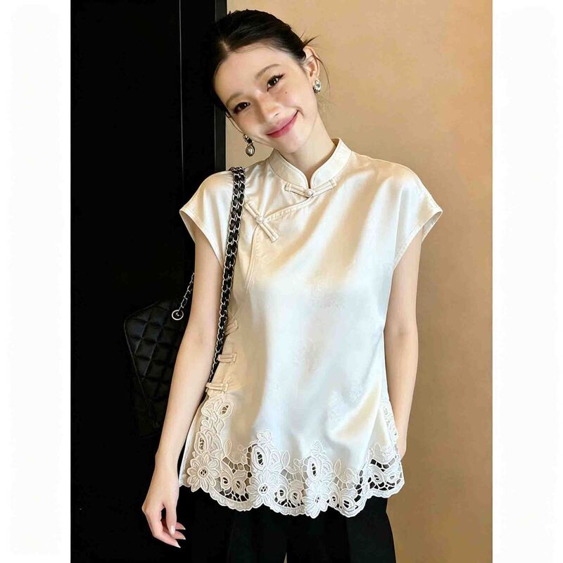 New Chinese-style hollow embroidered asymmetrical button sleeveless shirt for women, 2026 summer new model, cool and elegant top New Chinese-style hollow embroidered asymmetrical button sleeveless shirt for women, 2026 summer new model, cool and elegant top