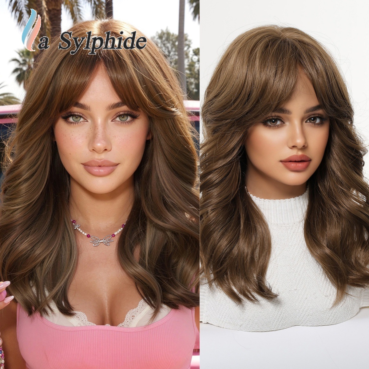 New cross-border wig with butterfly cut, French style, natural and relaxed bangs, medium-long curly hair, matte high-temperature fiber, European and American foreign trade