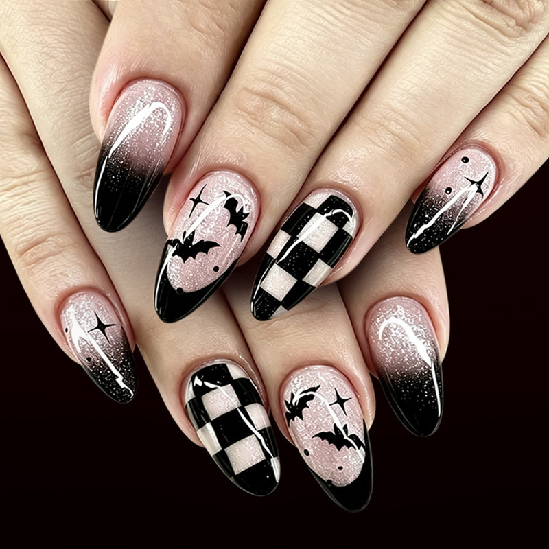 Medium-Sized Glossy Water Drop Nails, European and American Dark Black French-Style Pointed Plaid Bat Glitter Halloween Wearable Nails, 24 Pieces Medium-Sized Glossy Water Drop Nails, European and American Dark Black French-Style Pointed Plaid Bat Glitter Halloween Wearable Nails, 24 Pieces
