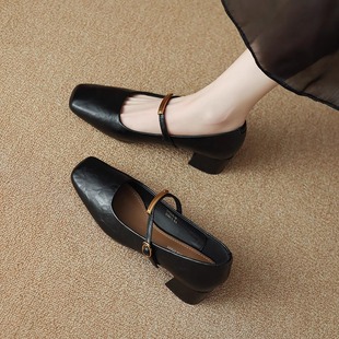 In Stock~ Sheepskin French-Style High-Heeled Shoes for Women, 2025 Autumn, Single Strap, Chunky Heel, Square Toe, Simple Mary Jane Shoes