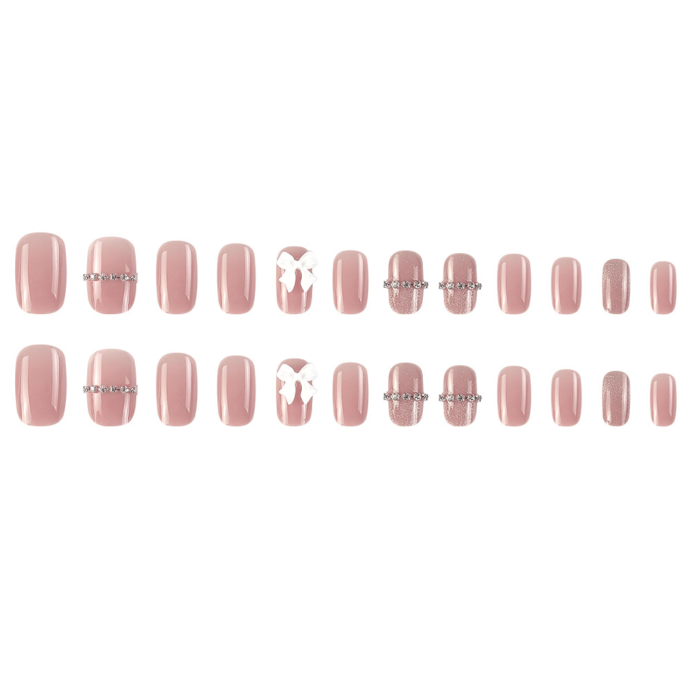 Parche de uñas postizas de ojo de gato de rosa desnuda, lazo, uñas de uñas blancas, 24 piezas, ropa corta tridimensional