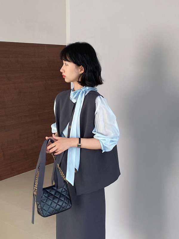 Jiangzuo 韓国版高品質スリムスーツスーツノースリーブベスト + スカート女性の秋ベルト 1192|undefined