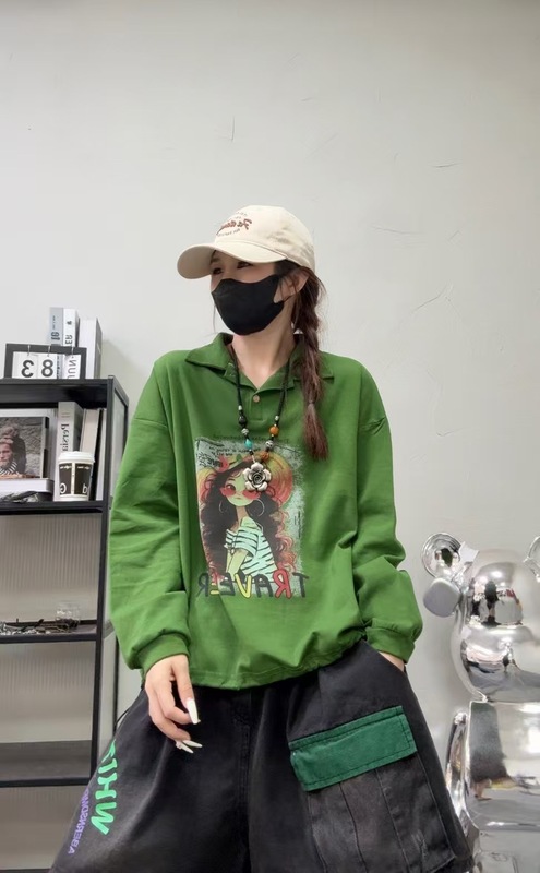 卡通女孩印花卫衣女 2025秋新款韩版宽松休闲翻领下摆抽绳上衣|undefined