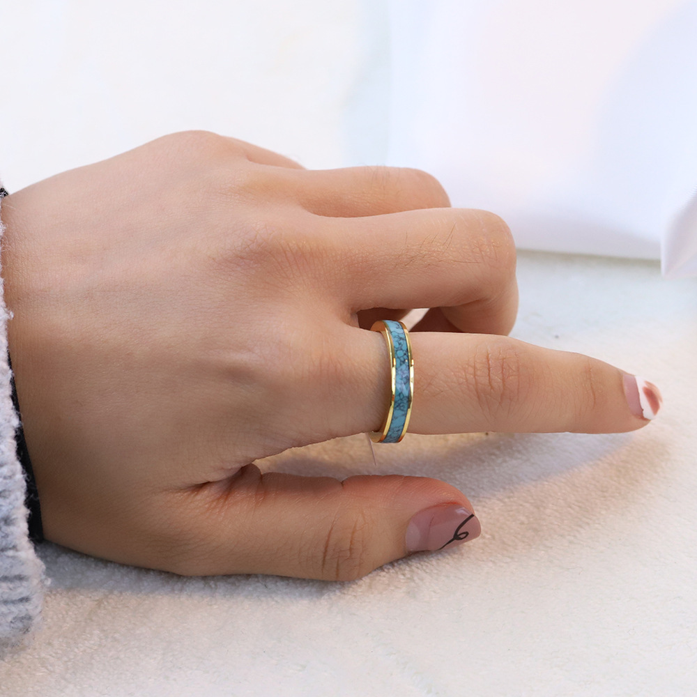Simple Style Round Titanium Steel Inlay Turquoise Rings