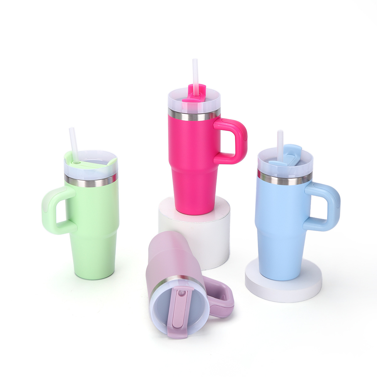 Taza térmica de vacío doble de 14 oz con pajita y asa, para auto image 4