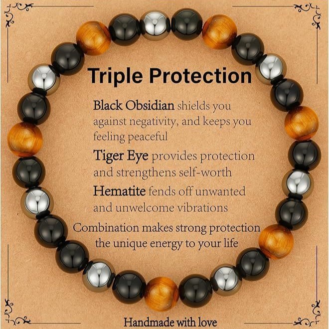Cross-Border Popular Obsidian Magnet Tiger Eye Flat Knot Braided Adjustable Bracelet Yellow Tiger Eye Triple Protection Bracelet