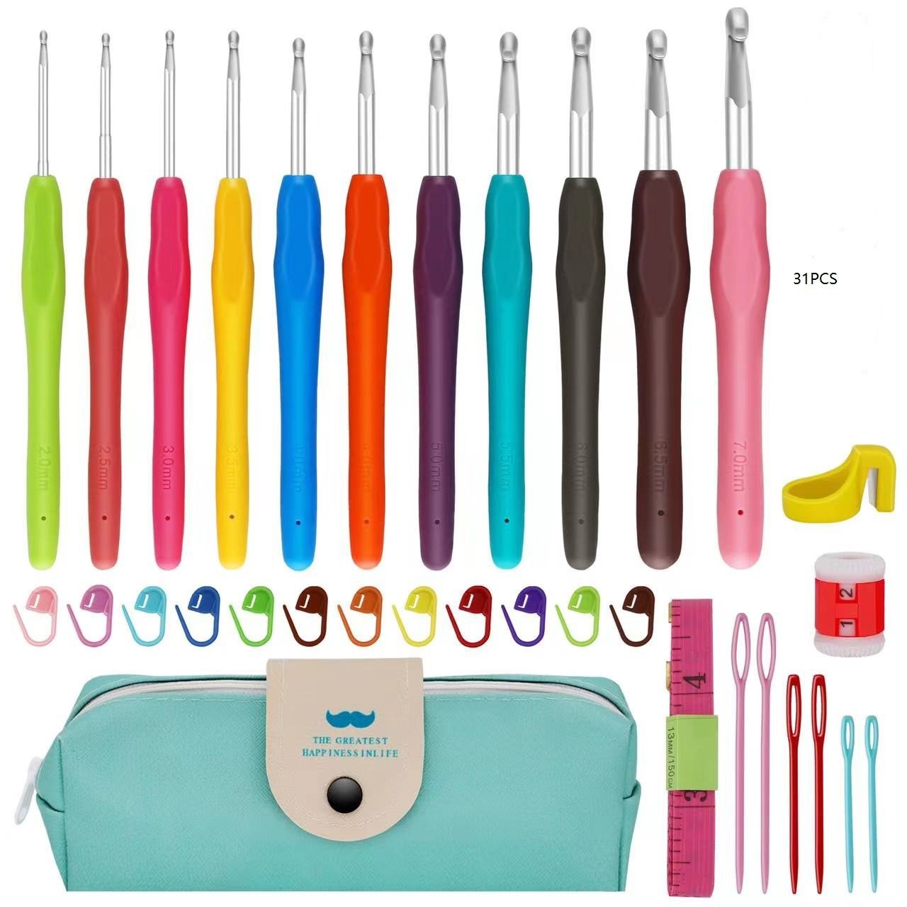 Herramienta de tejido de lana 11 juegos de ganchillo de arco iris color TPR mango suave de aluminio ganchillo de lana bolsa de gancho 30PC