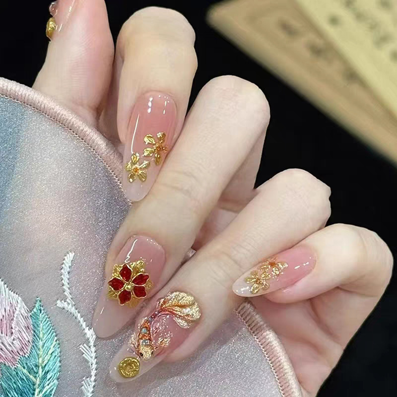 2025 New Chinese Style Koi Fish Palace-Style Handmade Wearable Nails with a High-End Feel, New Chinese Style Cloisonné Enamel Bridal Nail Art