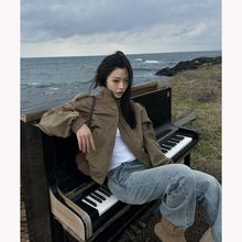 美式复古卡其色显瘦夹克外套女2025春秋宽松立领设计感棒球服上衣