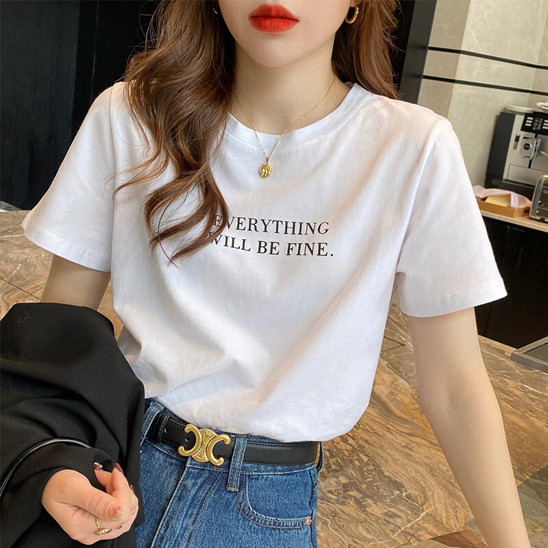 Pure Cotton Short-Sleeve T-Shirt for Women, Summer White, 2025 Trendy Letter Print, Base Layer, Regular Shoulder Top, Versatile Letter Print