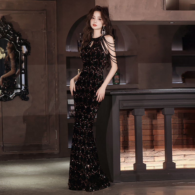 Black Fishtail Evening Dress Dress Sequined Shoulder Tassel Hanging Neck Slimming Banquet Light Luxury Niche Elegant Long dress