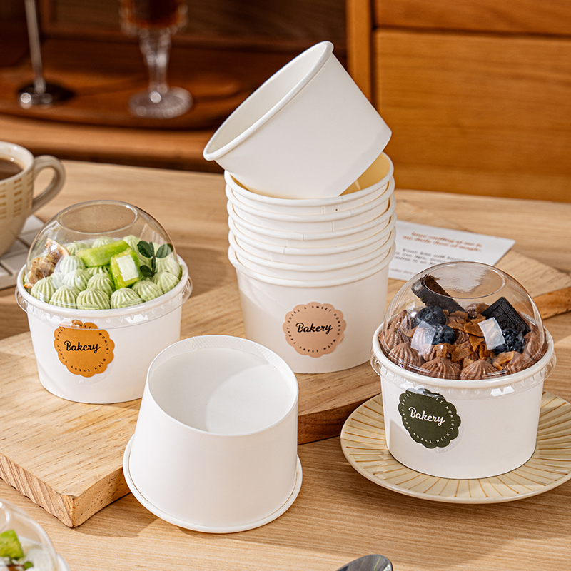 Taza de papel para pastel, taza de mousse con taza de tapa, caja de embalaje de papel para pudín, caja de postre para hornear, pequeña caja desechable
