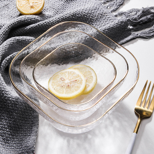 Household large irregular vegetable and fruit dessert salad bowl Japanese style cute gold painted creative transparent glass bowl