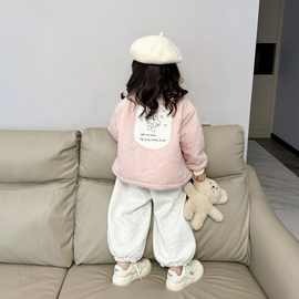 女童冬款套装2023女宝韩版夹棉加绒棉服儿童洋气一体绒卫裤两件套