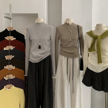 欧玛莱 木耳边蕾丝拼接小立领打底衫冬季内搭打底针织衫毛衣 5636