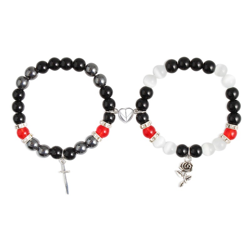 Couple Bracelets with Heart-Shaped Magnetic Clasps, Natural Cat's Eye Stone Beads, Kitty Cat Pendant, Holiday Gift Bracelet