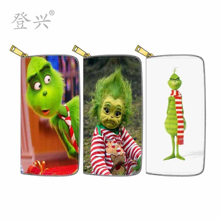 新款卡通绿色格林奇PU长款拉链钱包 1552钱夹印花来图D制源头厂家|ms