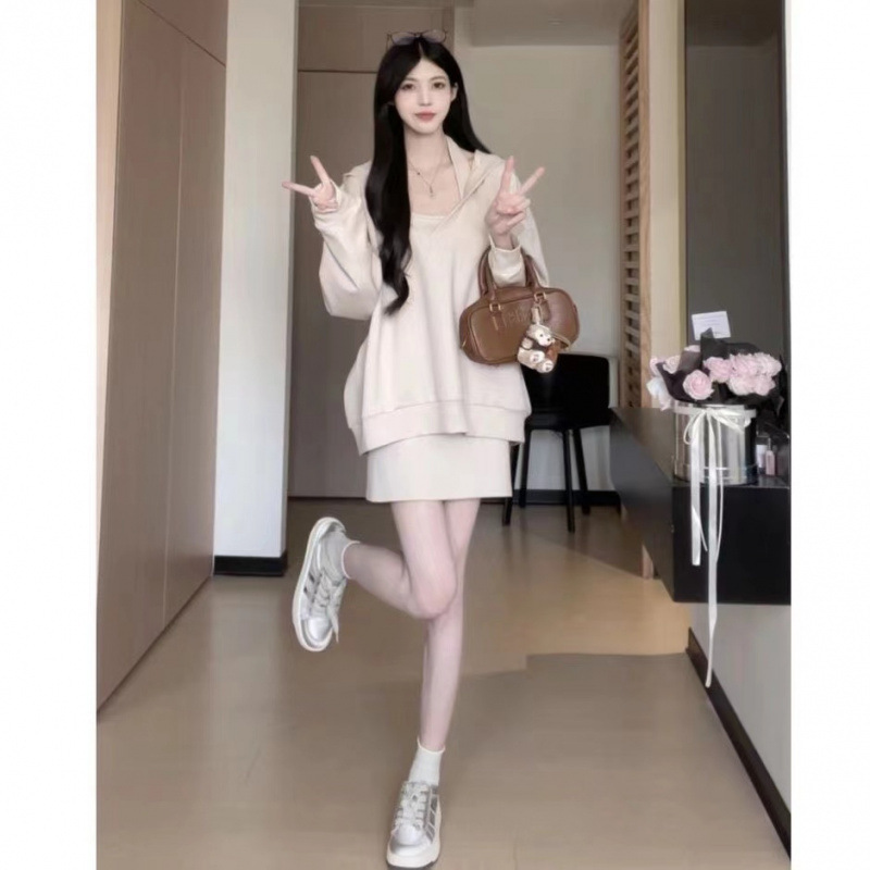 (2개) 마츠모토 장례식 단색 스웨트 셔츠 원피스 오버랩 탑 풀오버 절묘한 슬림 가을 고기 커버 스커트 인 스타일