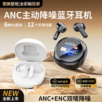 跨境新款 全彩屏蓝牙耳机 智能显示屏触控圆屏无线双唛降噪耳机