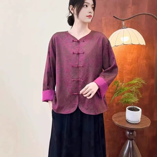2026年春装新中式缎面双层外套女装 国风优雅太太服改良盘扣衬衣
