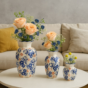 High-End Retro Blue and White Porcelain Vase Office Ornaments Living Room Dining Table Decoration Flower Ornaments