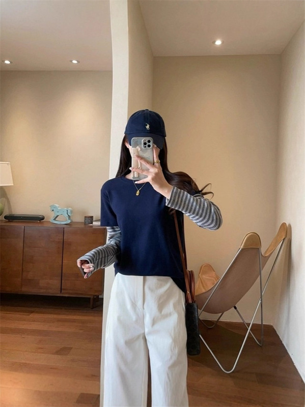 俏皮减龄假两件条纹长袖拼接棉感软糯磨毛圆领T恤女2025秋打底衫|undefined