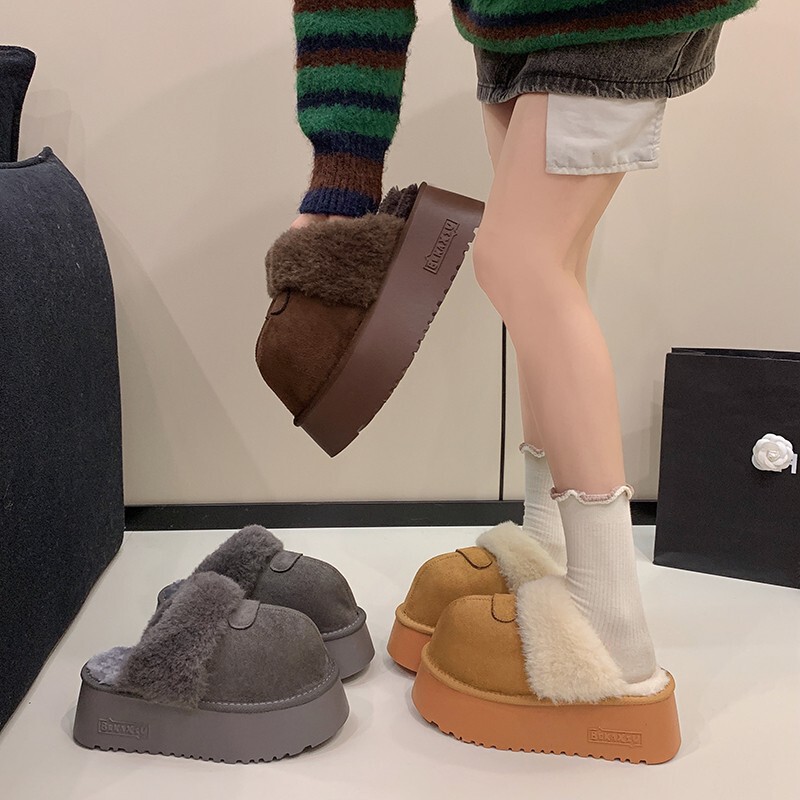 Height-Increasing Thick-Soled Plush-Lined Thickened Closed-Toe Cotton Slippers for Women, 2025 Winter New Non-Slip Wear-Resistant Versatile Snow Boots