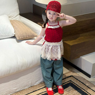 2025 Summer New Children's Wear Korean Style Children's Wear Girl's Bow Printed Sling T-Shirt Lace T-Shirt Skirt
