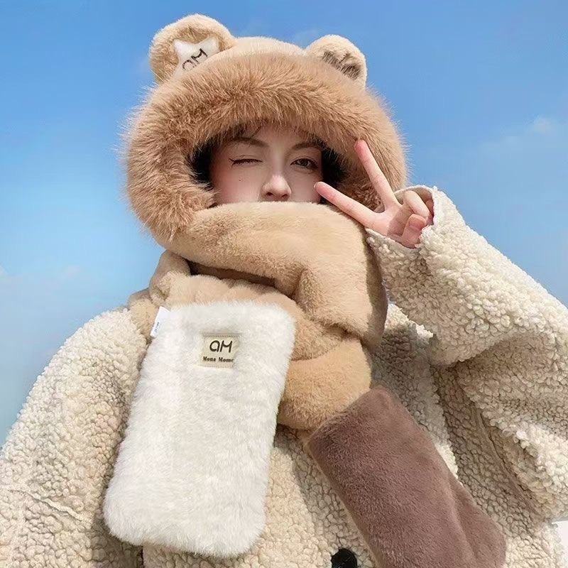 帽子女冬いちご熊新年クリスマス帽三点セット冬かわいいマフラー帽子保温手袋三合一|undefined