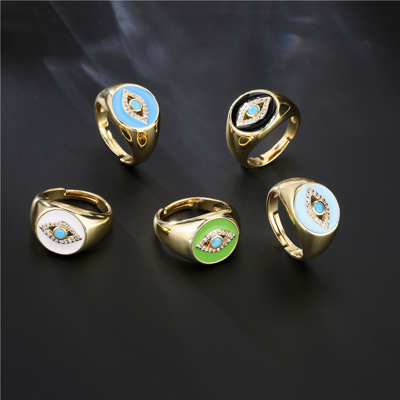 Aogu Cross-border Supply European And American Fashion New Copper Plating 18k Gold Dripping Zircon Devil's Eye Open Ring display picture 13