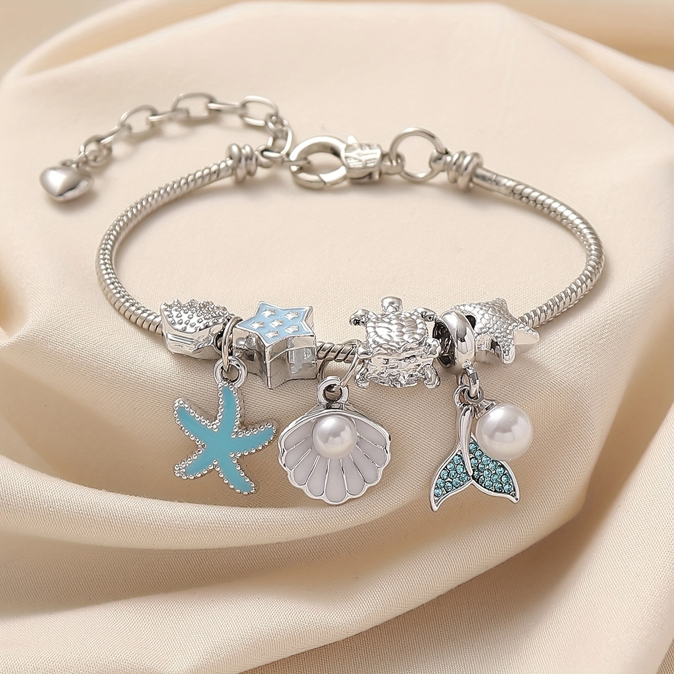 Beaded Bracelet Ocean Style Cute Oil-Painted Starfish Fish Tail Pendant DIY Multi-Element Accessories Blue Ocean
