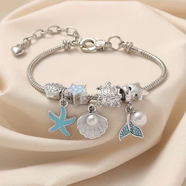 Beaded Bracelet Ocean Style Cute Oil-Painted Starfish Fish Tail Pendant DIY Multi-Element Accessories Blue Ocean