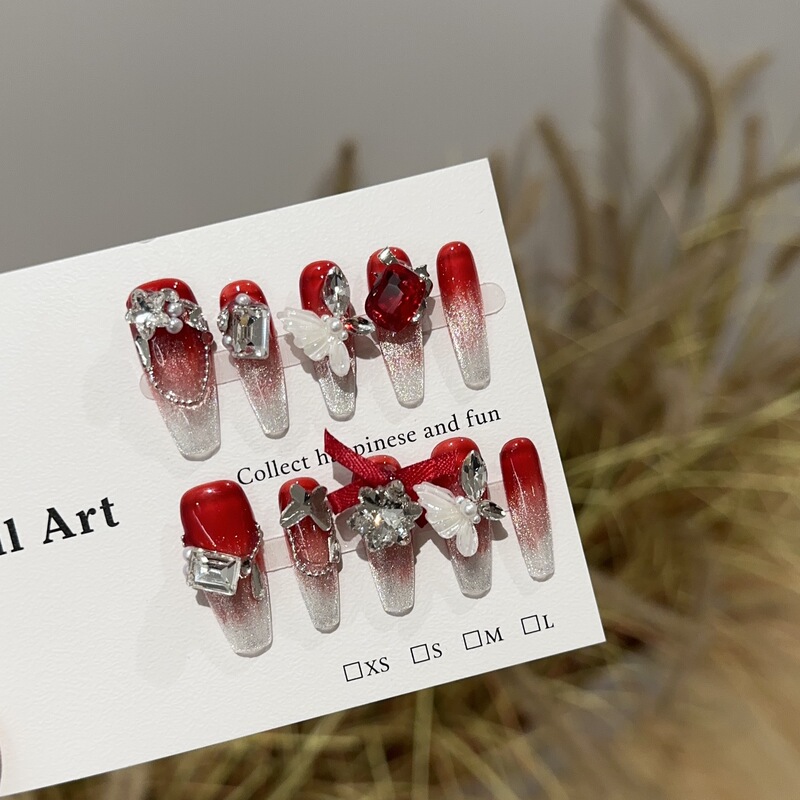 Pure Hand-Wearing Nail Pieces Advanced Sense wine red silver Gradient Nail Art White Bow Pile Diamond Fake Nail Paste