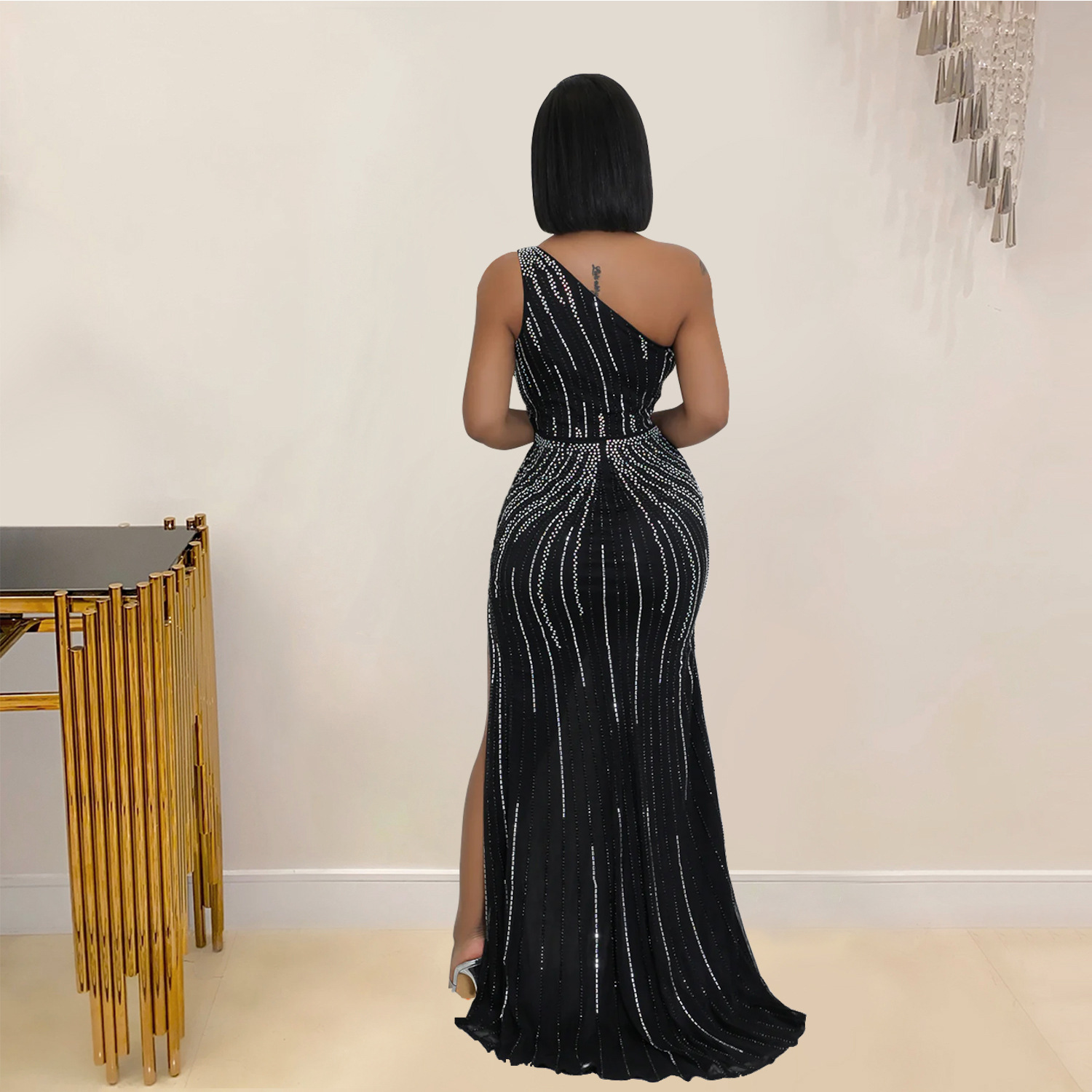 C6961 Cross-border AliExpress Amazon Estación independiente Moda europea y americana Moda femenina Vestido sexy de diamantes calientes Largo