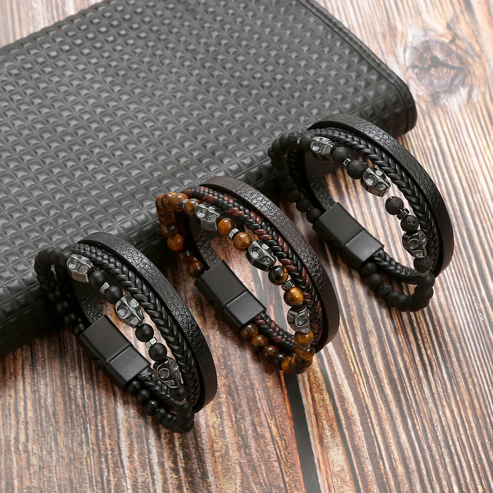 2 Stück natürliches Edelstahl-Tigerauge-Stein-Herren-Skelett-Armband_voghion.com