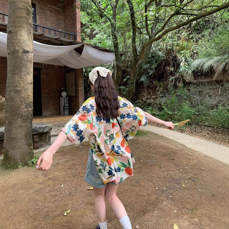 港风短袖花衬衫泰式夏威夷海边宽松衬衣随性慵懒垂感清凉夏上衣女|undefined