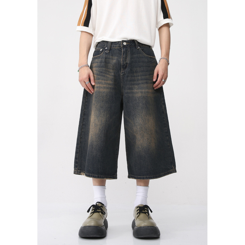 Mtlclothes Men's Clothing | Distressed American Retro Denim Cropped Pants for Men, Washed Loose Casual Shorts. Mtlclothes Men's Clothing | Distressed American Retro Denim Cropped Pants for Men, Washed Loose Casual Shorts.