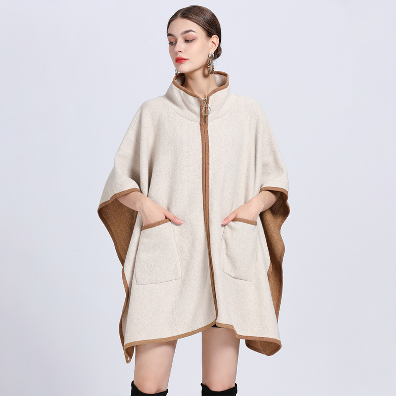 Stand collar pocket zipper cape cape large size knitted cardigan sweater coat woman_voghion.com