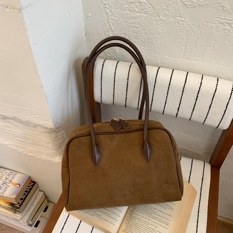 Autumn/Winter Retro Suede Boston Bowling Bag Large Capacity Handbag Shoulder Underarm Bag Baguette Bag For Women High-End Style - Thumbnail 8