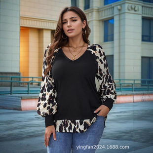 Aliexpress Amazon Foreign Trade Cross-Border 2025 Spring New Casual Versatile Solid Color Splicing Leopard Print European and American Clothing