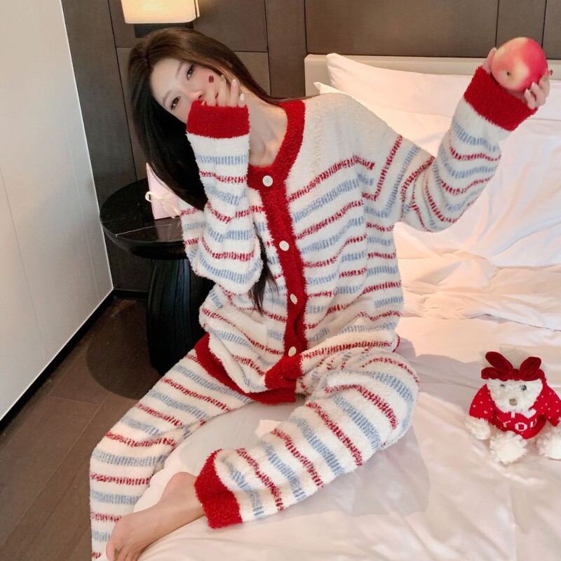 秋冬季半边绒睡衣女复古条纹红色本命年家居服开衫软绵绵加厚睡衣|undefined