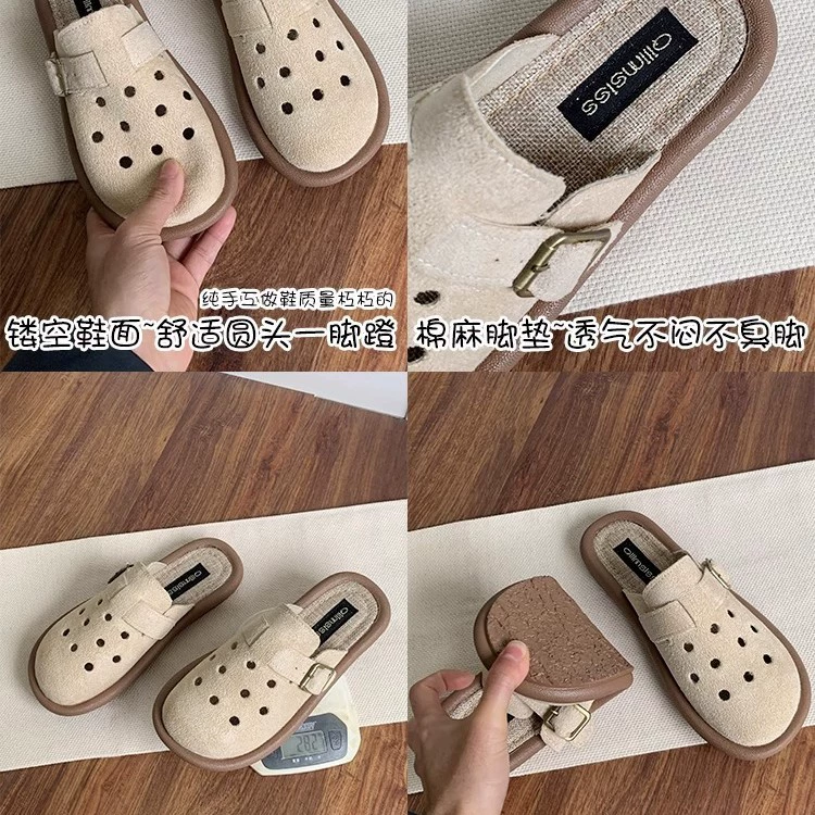 Биркеншток обувь для женщин, летняя верхняя одежда, одноножковый Crocs, Баотоу полурасправка, новые 2025 хлопок и лен сандалии, плоская подошва ленивые тапочки