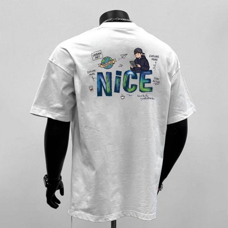 New summer trendy short-sleeved T-shirt for men, Korean style, street style, cartoon print, round neck, casual, co-branded couple outfit.